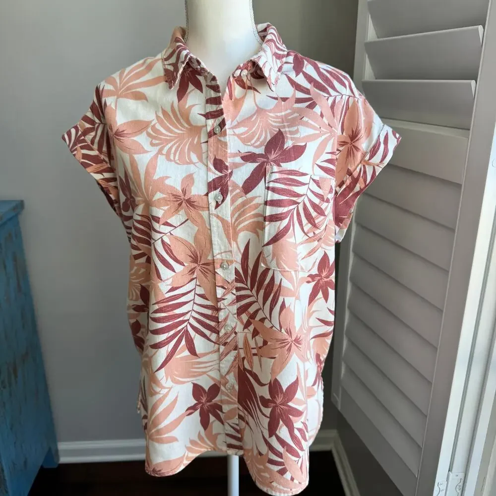 COASTAL COMFORT Top Womens L Tropical Palm Print Retro Hawaiian Surfer Vibe - Picture 2 of 12